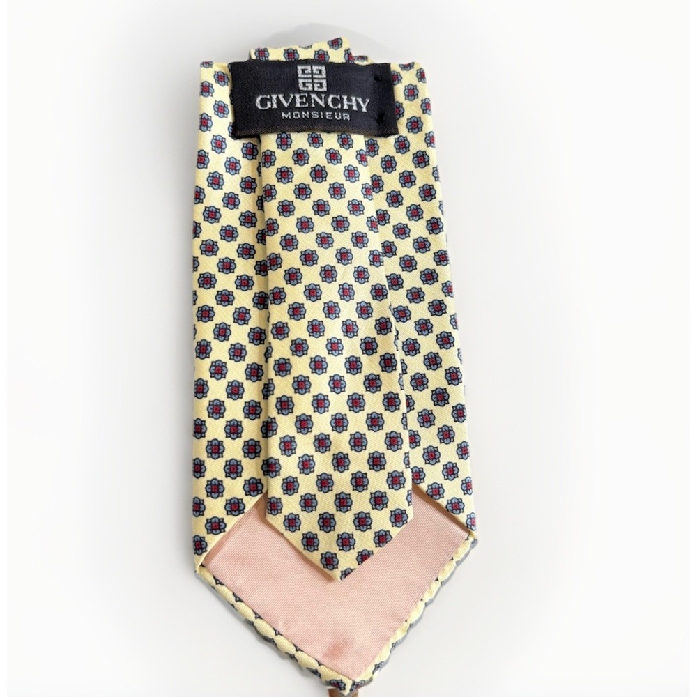 Vintage Givenchy Monsieur Yellow Mens Tie Blue And Red Flower 100% Silk Neckwear